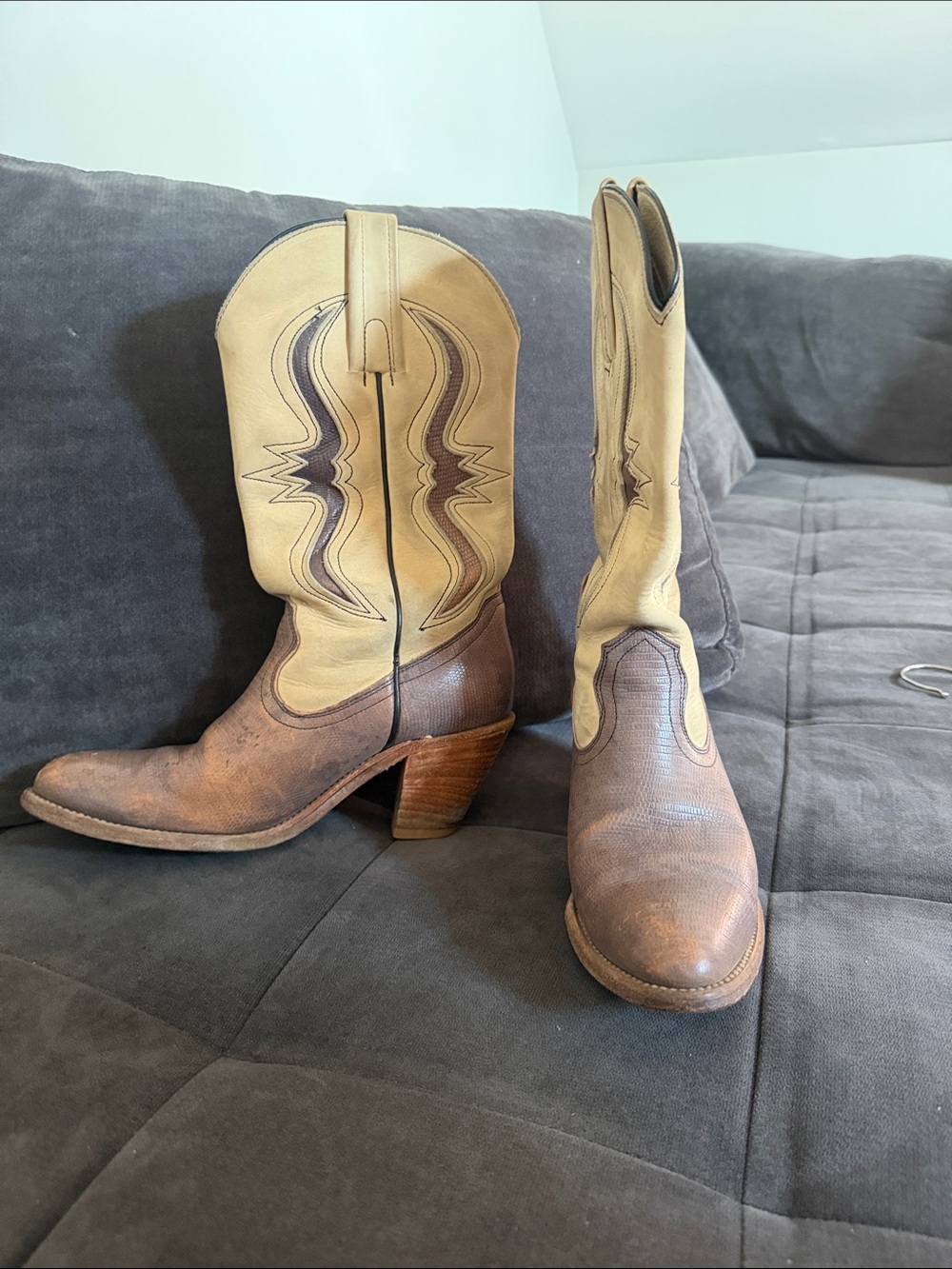 Frye Two-Tone Western Heeled Boots in Brown & Tan
